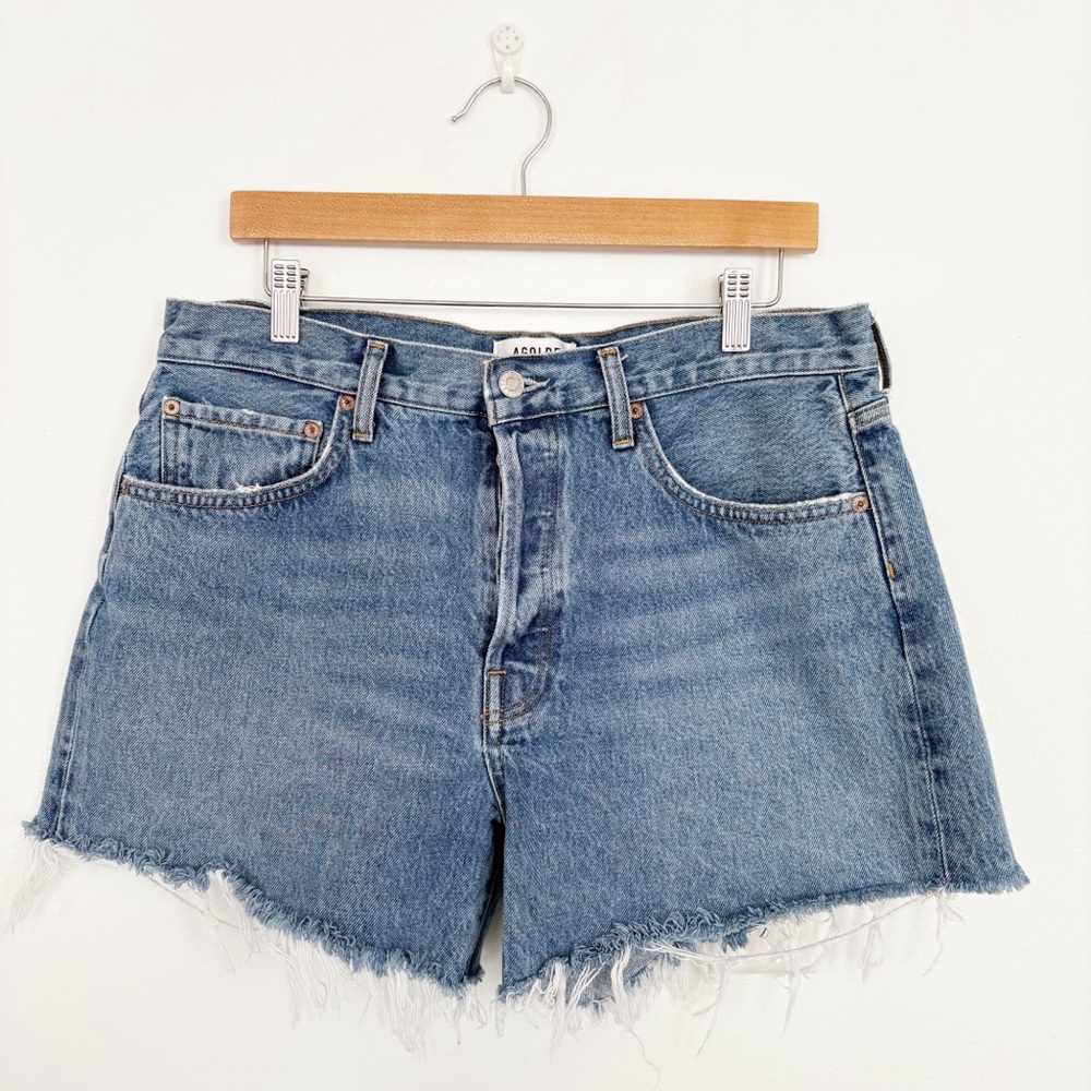 AGOLDE || Parker Long Short in Skywave Denim Raw Hem Blue 30